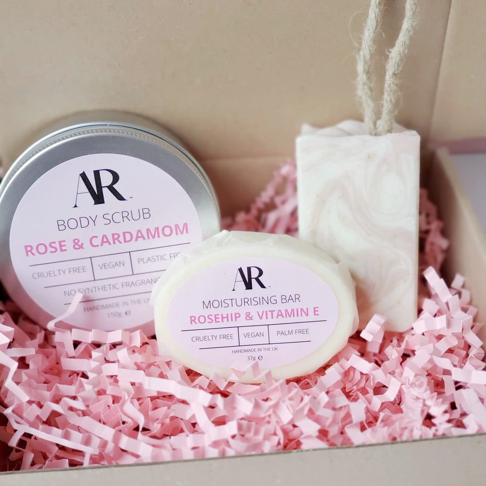 Shaving Essentials gift set is pictured with Rose and Lavender Shaving Soap. and Rosehip and Vitamin E Moisturising Bar. All products are vegan, cruelty free and palm oil free. 