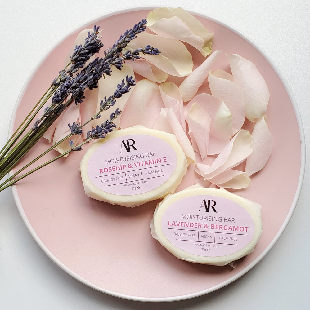 
                
                    Load image into Gallery viewer, Rosehip and Vitamin E body butter bar and Lavender and Bergamot body butter bar.
                
            