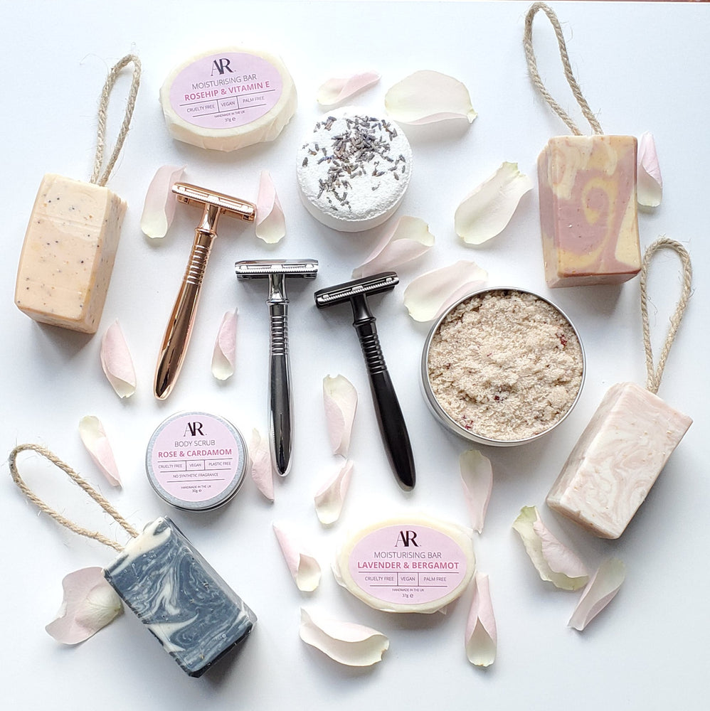 
                
                    Load image into Gallery viewer, Experience better shaves with Aphrodite Razors eco friendly products.  These include our Rose and Cardamom Body Scrub, four Shaving Soaps, two Moisturising Bars and a Lavender Bath Bomb, as well as our beautiful metal safety razors.
                
            