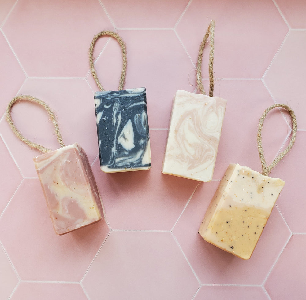 Our shaving soaps are all vegan, cruelty free and palm oil free. Each soap has a hand tied hemp rope attached. Hang it in the shower and never lose the soap again!