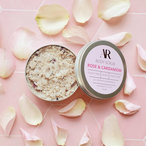 Our Rose and Cardamom Body exfoliating scrub is available in a 30g sample size
