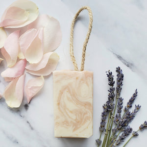 Aphrodite Razor's Rose & Lavender Shaving Soap is made with a scent of wild lavender and fresh rose.