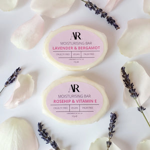 Lavender & Bergamot Moisturising Bar and Rosehip and Vitamin E Moisturising Bar. Moisturising lotion in bar form, it melts on contact as you glide it over your skin.  They are vegan, cruelty free and palm oil free.