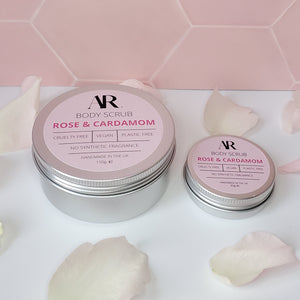 
                
                    Load image into Gallery viewer, The Rose and Cardamom Body Scrub is a sugar based exfoliating scrub. Perfect as a pre shave treatment. Made with high quality almond oil to moisturise, while the sugar gently removes dead skin and dirt for clean and refreshed skin. Available in 2 sizes.
                
            