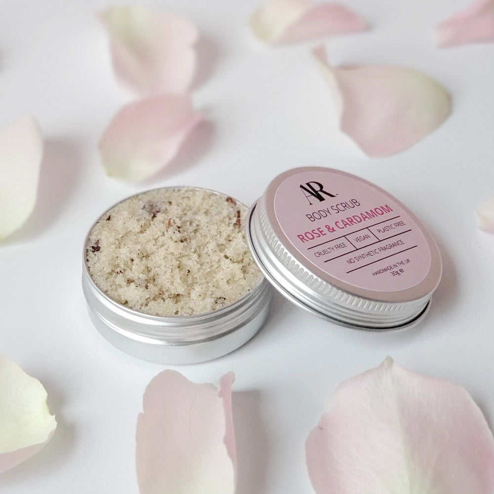 Our Rose and Cardamom Body exfoliating scrub is available in a 30g sample size. It's vegan, cruelty free and palm oil free.